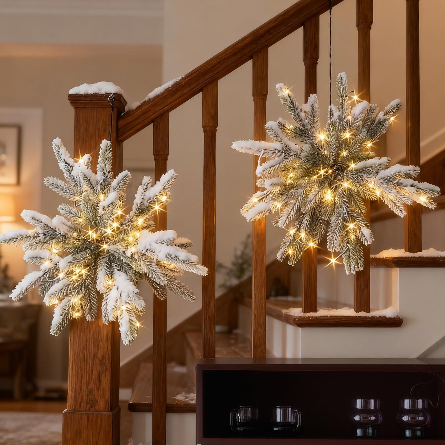 Hairui Lighted Pine Snowflake Lights with Timer Battery Operated and USB Plug in 2 Pack, Pine Branch with Lights 16IN 60 LED for Wall Window Door Christmas Decoration Indoor Outdoor