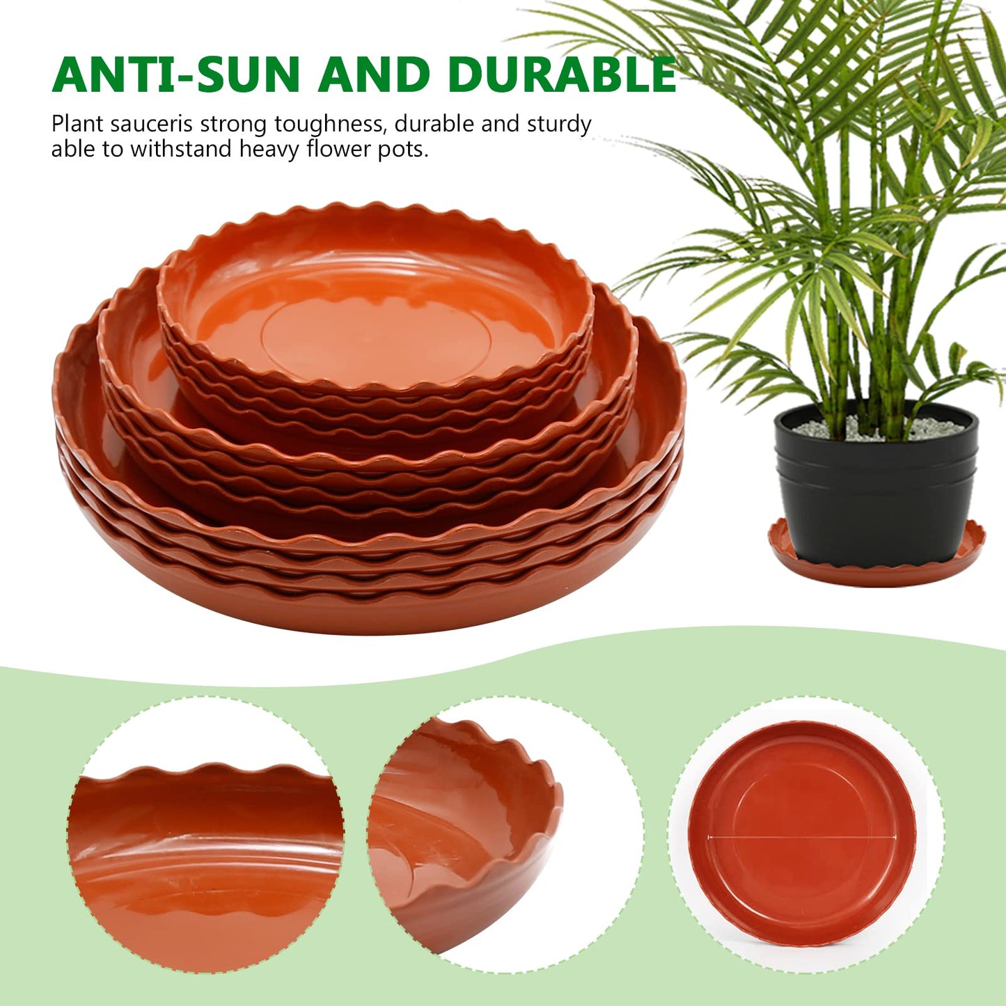 Aynaxcol 12 Pack White Plant Trays 3 Sizes Plastic Round Wave Plant Saucer Flower Plant Pot Saucer Terracotta Drip Trays for Indoor Outdoor Flower Pots and Planters, with 20pcs Green Plant Labels