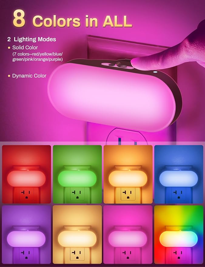 DORESshop RGB 120V Night Lights Plug into Wall, 0.7W LED Night Light for Kids Room, Bathroom Night Light, Stair Lights, Hallway Light, Color Moving, 2 Pack