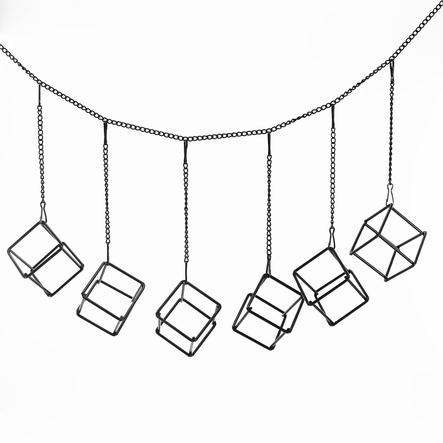 6 Pack Metal Hanging Air Plant Holders - Geometric Black Cube Tillandsia Hangers with Long Chains, Wall or Ceiling Mount for Small Air Plants, Home & Office Boho Decor (Individual or Combined Use)