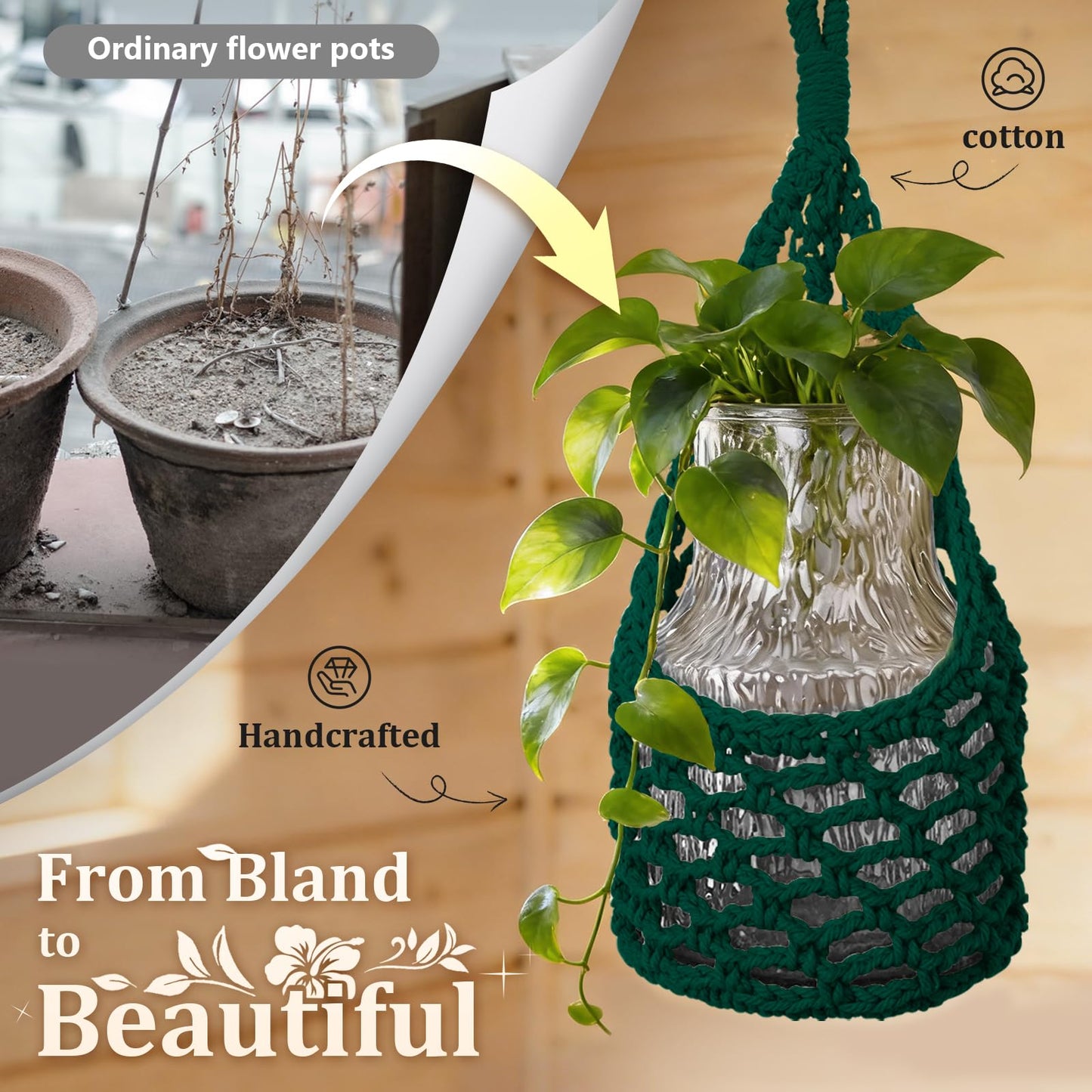 HOREAKHJ Macrame Wall Plant Hanger, Hanging Planter Basket Holder, Wall Planters for Indoor Plants, for Up to 6 Inch Pot (Green, 6-Inch)