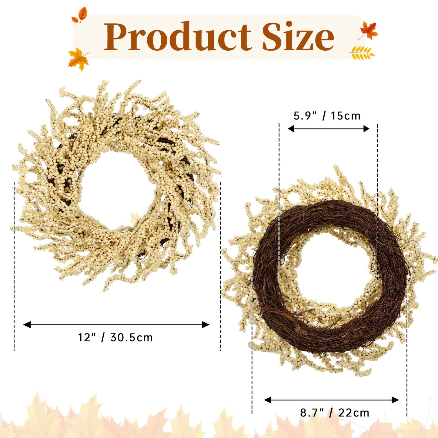 Briful 2 Pack Fall Berry Wreaths 12in Artificial Beige Foam Berry Wreath for Front Door Small Outdoor Fall Wreath for Autumn Home Wall Mantle Porch Thanksgiving Halloween Decor