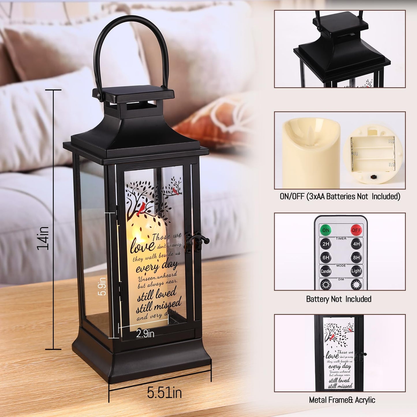 HAVITI Sympathy Gifts for Loss of Loved One Memorial Lantern, Black Memorial Gifts for Loss of Mom Dad Loved One, Acrylic Metal 14 Inches Bereavement Gifts Lantern