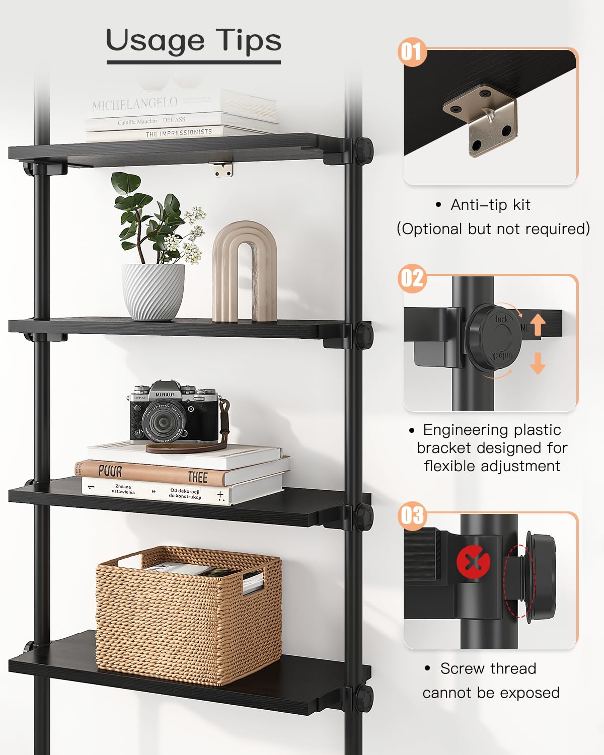 ALLZONE Adjustable Tall Narrow Bookshelf, 5-Tier Floor-to-Ceiling Tension Mount Ladder Book Shelf with Storage for Versatile Uses, Fits 92-116 Inch Ceilings, 27.84-Inch Wide Wood Shelves, Black Relief