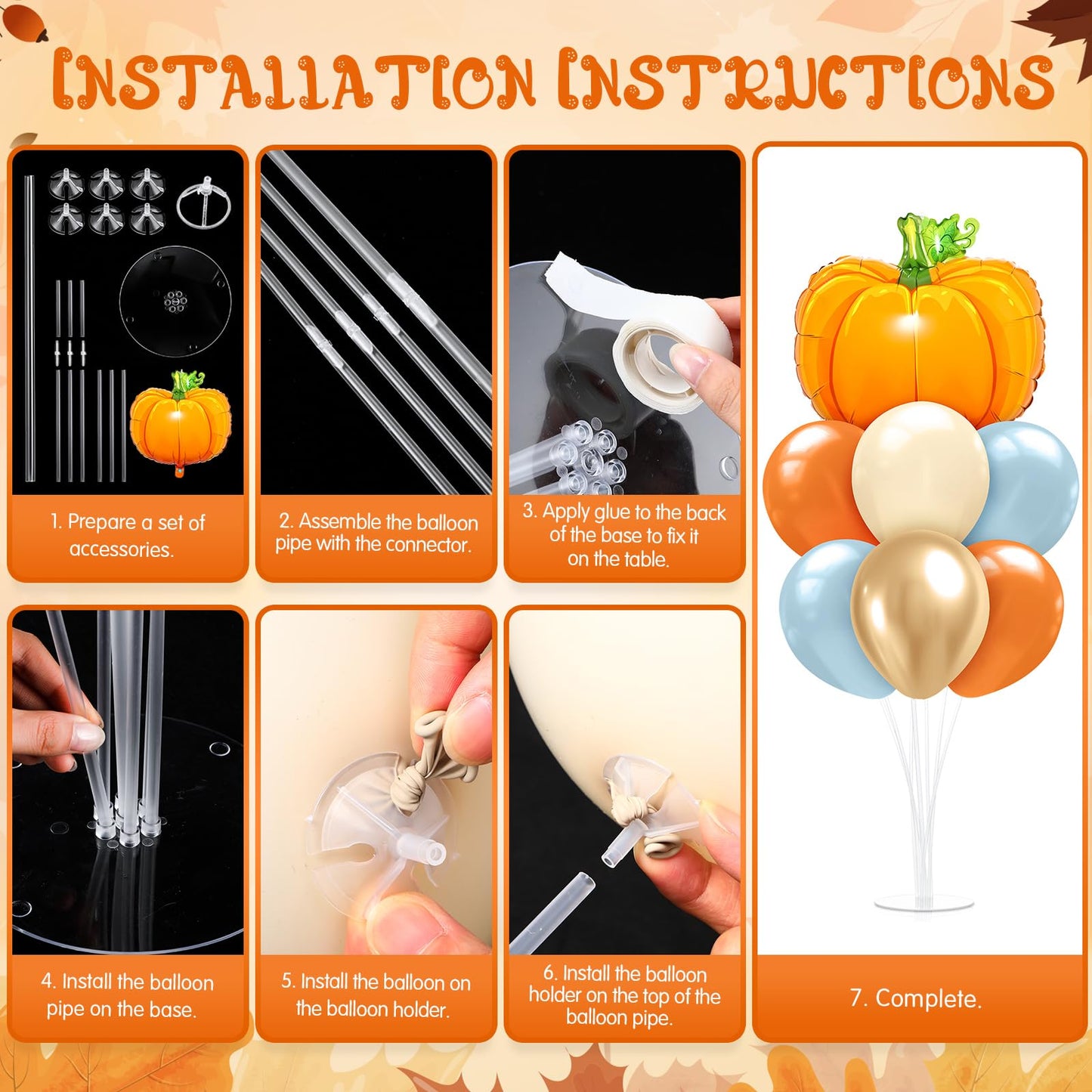 Seematn 2 Set Fall Balloon, Pumpkin Foil Balloons Stand Kit for Table Centerpiece for Baby Shower Thanksgiving Mid Autumn Birthday Wedding Party Decoration Beige, Gold, Burnt Orange, Blue