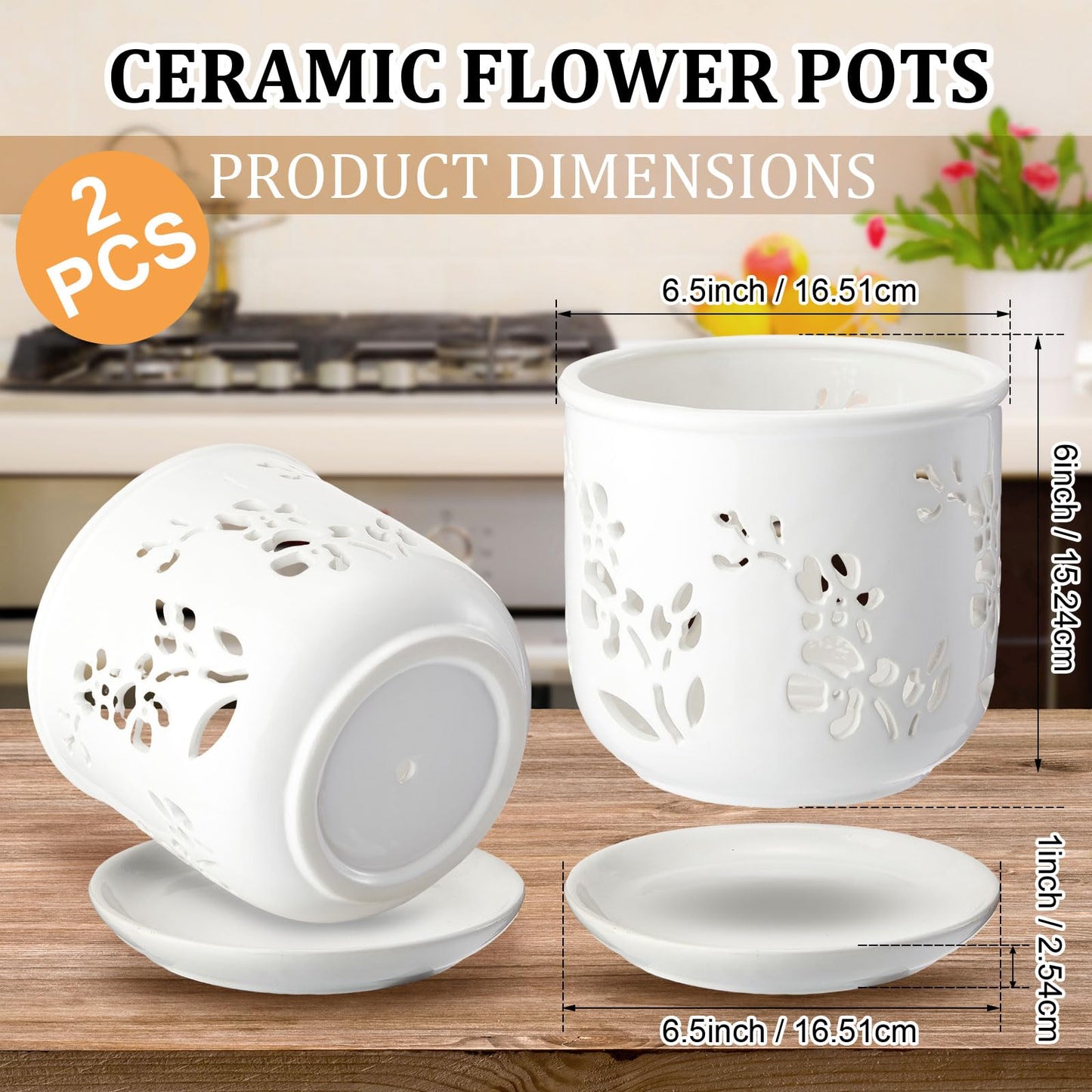 FoldTier 2 Pack 6.5 Inch Large Orchid Pot with Holes and Saucer for Root Health with Precise Aeration and Drainage, Ceramic Orchid Planter Pot for Repotting or New Plants Indoor Outdoor Use(White)