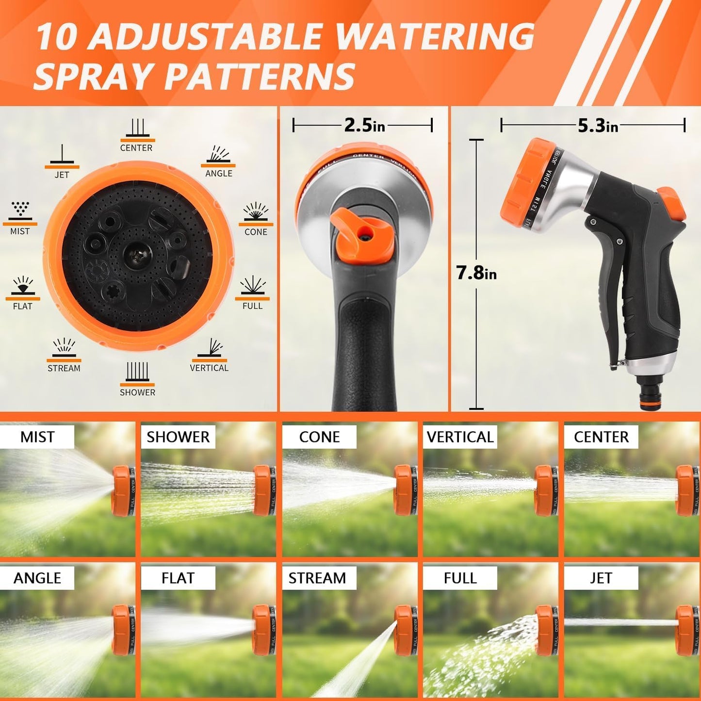 HOOFUN 2 Pack Garden Hose Nozzle: High Pressure Water Hose Sprayer with 10 & 2 Spray Patterns - Lightweight & Rust-Proof Handheld Spray Gun (Black)