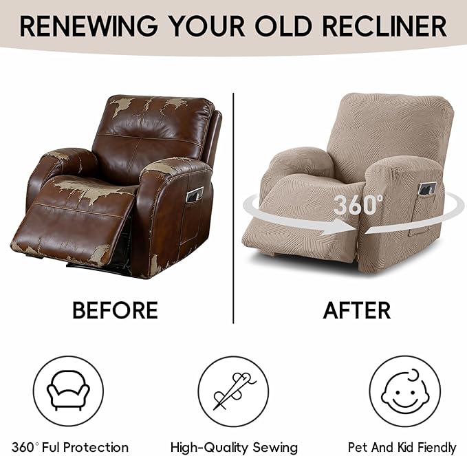 Oversized Recliner Chair Covers, 4-Piece Stretch Geometric Strokes Jacquard