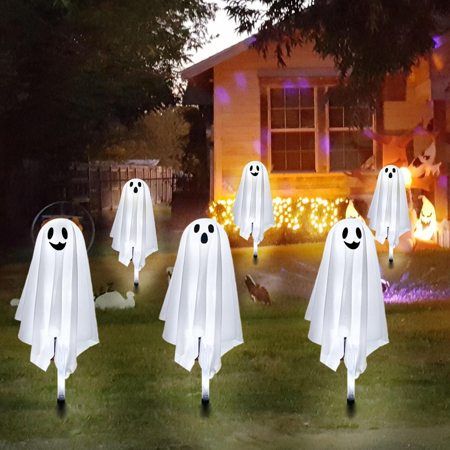 GMAULEE Halloween Ghost Pathway Lights with Stakes, 6PCS Solar Light Ghost Decorations, Waterproof Outdoor Lights for Yard, Lawn, Driveway, Halloween Decor (White)