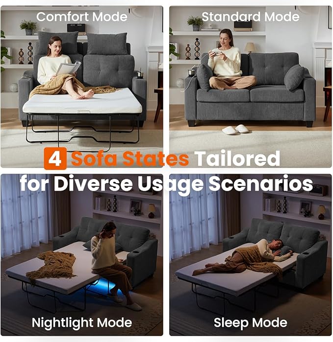 Full Size Pull Out Sleeper Sofa Bed, 2-in-1 Convertible Corduroy Pull Out Couch