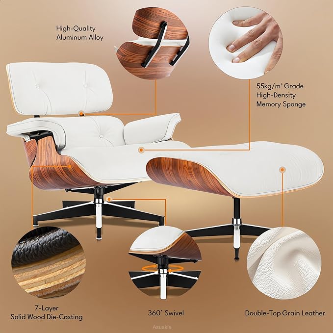 Top Grain Leather, Mid Century Chaise Lounge Chair and Ottoman, Modern Chair