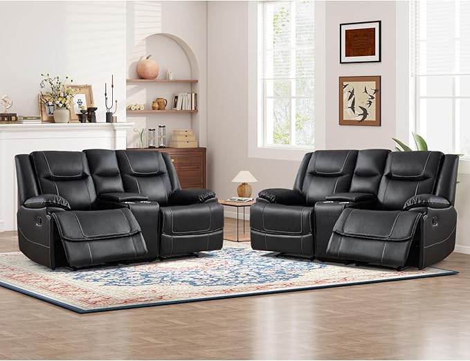 ANJ Geniune Leather Manual Loveseat Recliner Sofa Set of 2