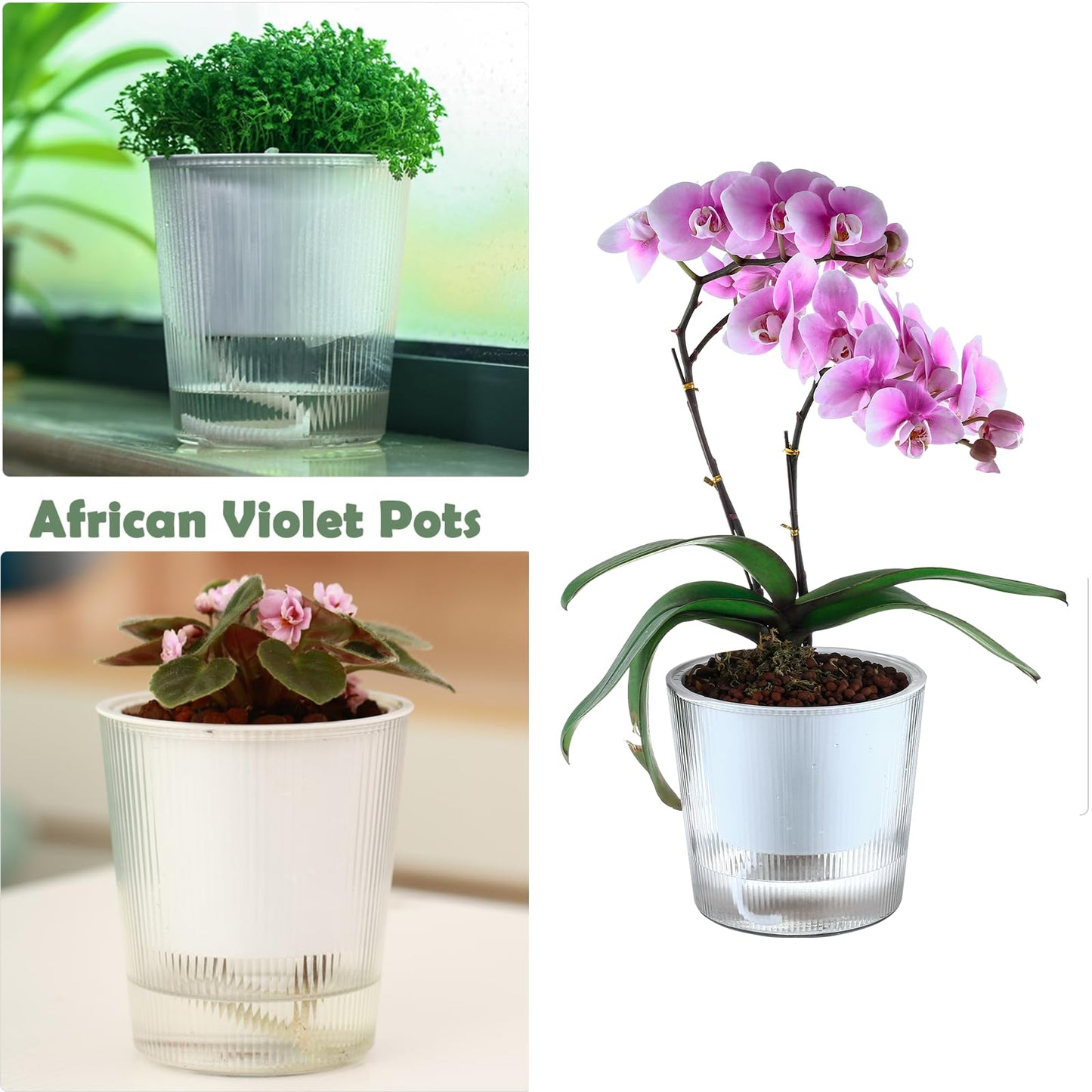 8-Pack 4.5 Inches Clear Self-Watering Planters and Pots for Indoor Plants Small Orchid Plant Pots Plastic Wick Flower Pots, African Violet Pot Set, Home Decor Pot