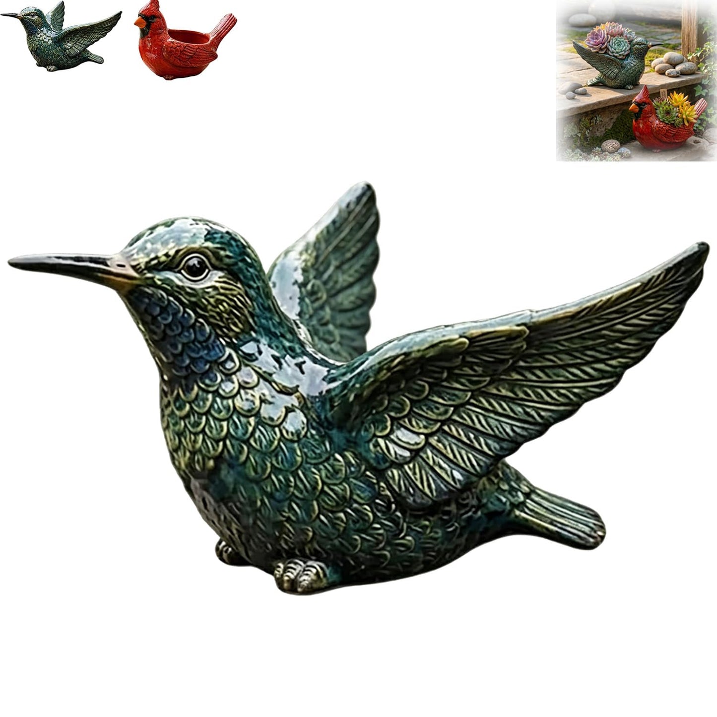 Cardinal Bird Succulent Planter,Resin Decorative Flower Pots for Indoor Outdoor Plants,Cute Animal Plant Pot,with Drainage Hole,Unique Garden Windowsill Desk Decor Gift for Bird Lovers (Green)