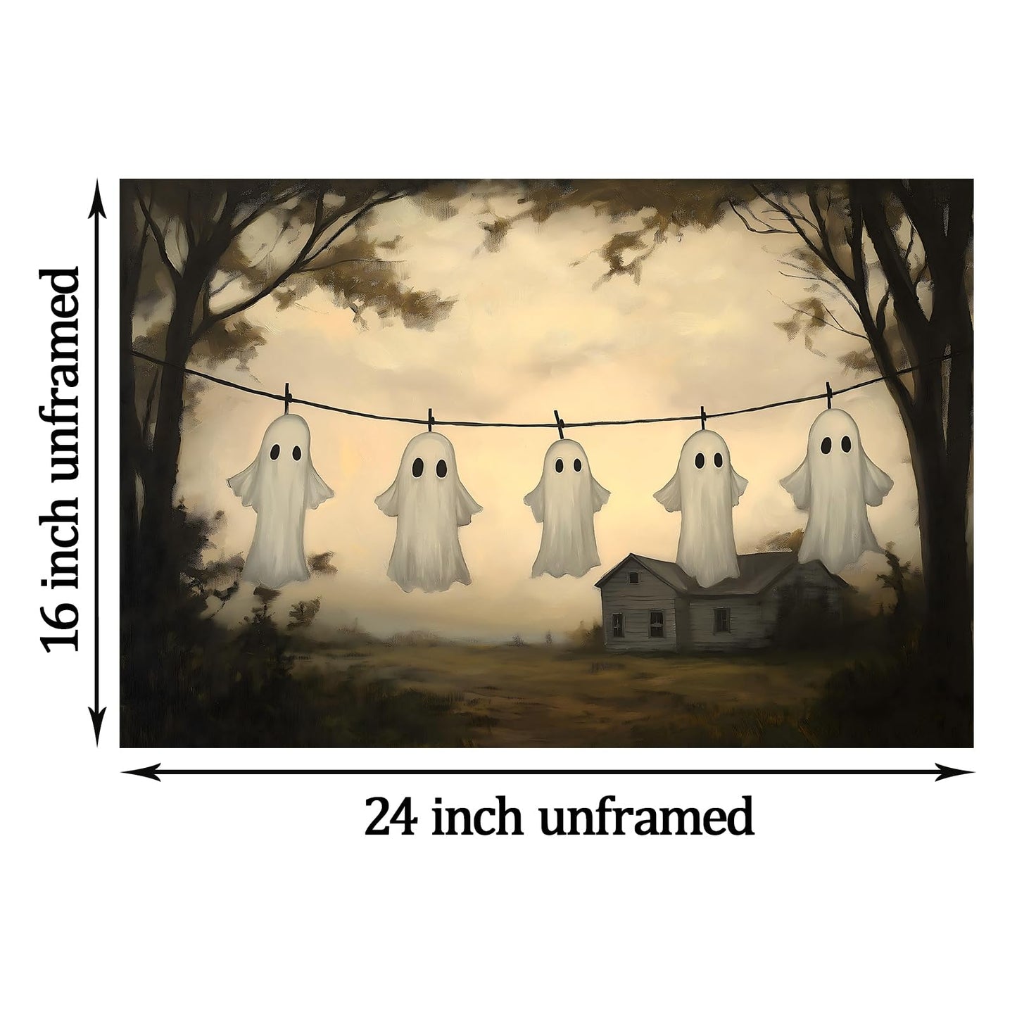 Farmhouse Ghost Wall Art Laundry Room Prints Halloween Landscape Poster Cute Ghost Pictures Gothic Forest Print Victorian Moody Paintings Spooky Wall Art Academia Dark Gothic Artwork 16x24in Frameless