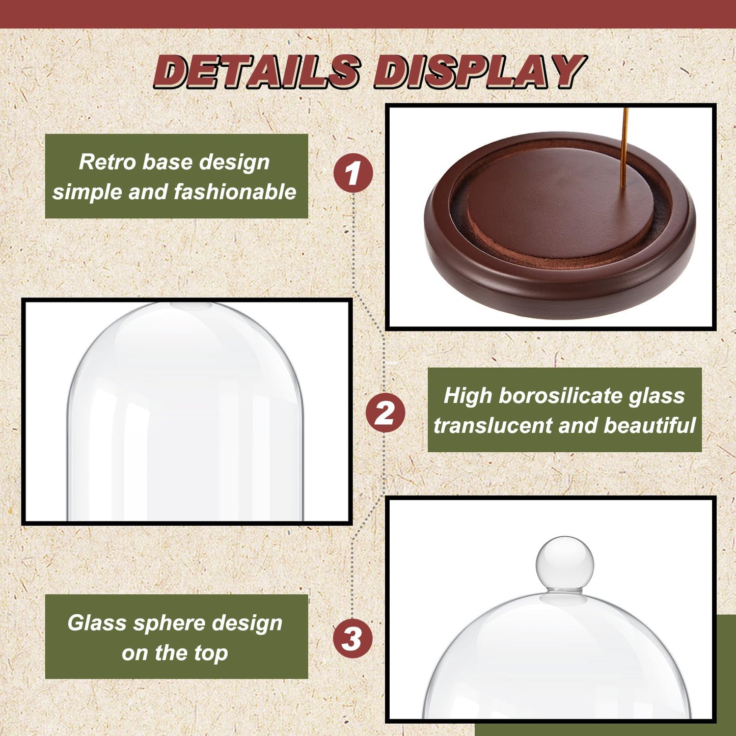 Beeveer 2 Pcs Clear Pocket Watch Glass Display with Hooks Dome Cloche with Wood Base Christmas Decorative Showcase for Watch Plants Medals Photos Collectibles(Reddish Brown,3" X 5",Heading Style)