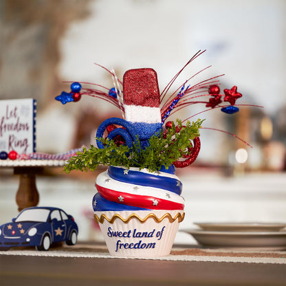 WDS WONDROUS 4th of July Centerpiece for Tables Red White and Blue Patriotic Flowers Decorations with Cupcake Vase, Resin Vase Shiny Popsicle Star Flowers for Independence Day Summer Memorial Day