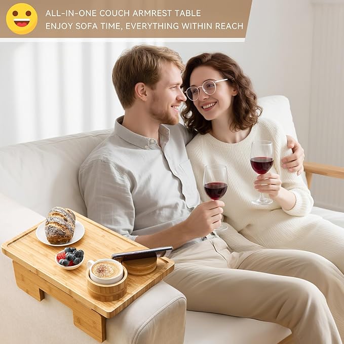 GEHE Real Bamboo Couch Armrest Table, 15.4"x9.8" Couch Arm Tray Table, 3 in 1
