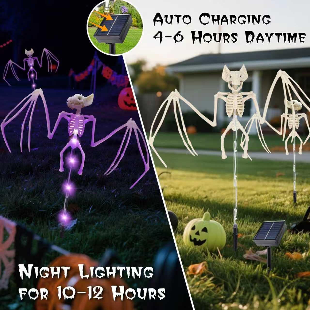 Solar Halloween Decorations Outdoor - 2 Pack 3D Scary Bat & Skeleton Lights, Waterproof LED Solar Garden Lights for Pathway, Lawn, Yard, Patio - Spooky Purple Lighting for Outdoor Holiday Decor