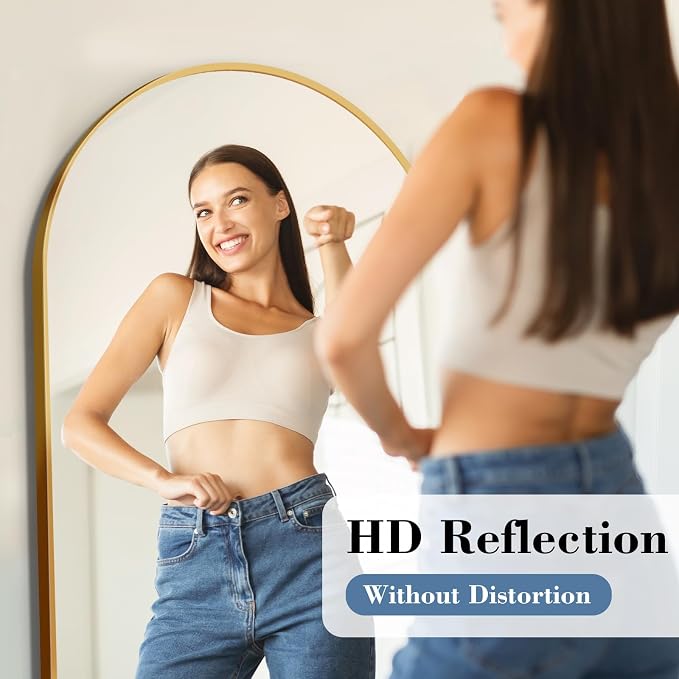 NEWBULIG Arched Mirror Full Length, 56"x21" Body Wall Mirrors with Shatter-Proof Glass, Upgraded Floor Standing Mirror, Hanging or Leaning, with Stand Aluminum Alloy Frame for Home Decor, Gold
