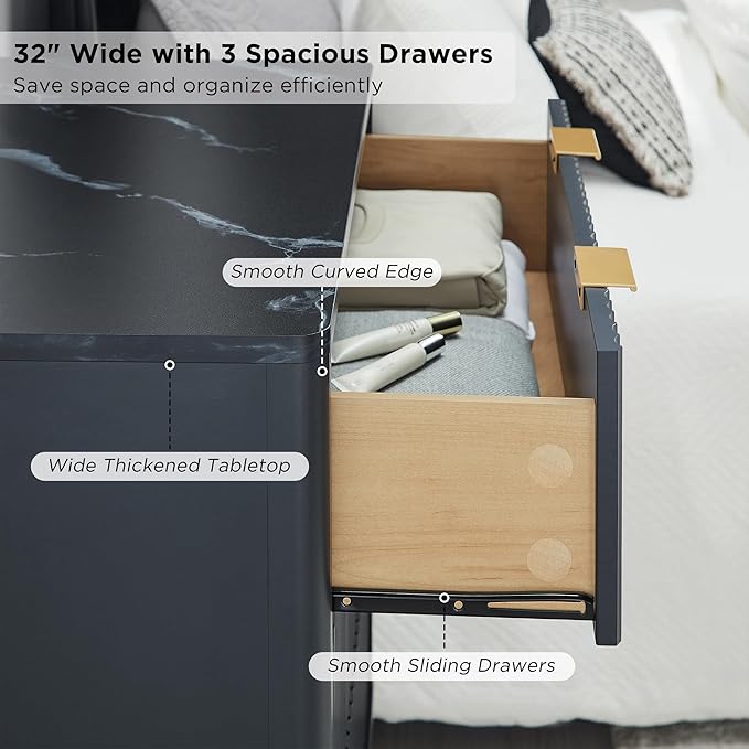 T4TREAM Fluted 3 Drawers Nightstand Set of 2, Oversized Extra Large Modern Side