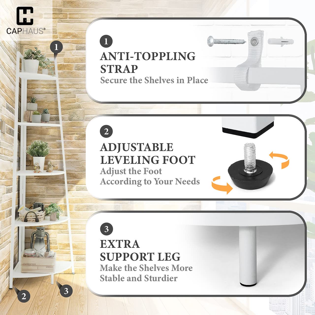 CAPHAUS Tall Corner Shelf Stand, 6-Tier Display Shelves, Ladder Corner Wood Storage Plant Bookshelf with Metal Frame, Versatile Shelving Unit Bookcase for Home Office Space, White