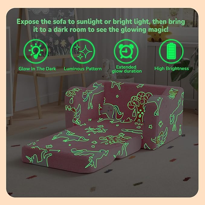 MeMoreCool Glowing Pink Fairy Kids Chair, 2-in-1 Fold-Out Kids Couch and Sofa