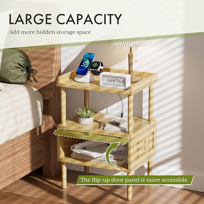 Amazer Nightstand with Charging Station, Bedside Table Bamboo with USB Ports &