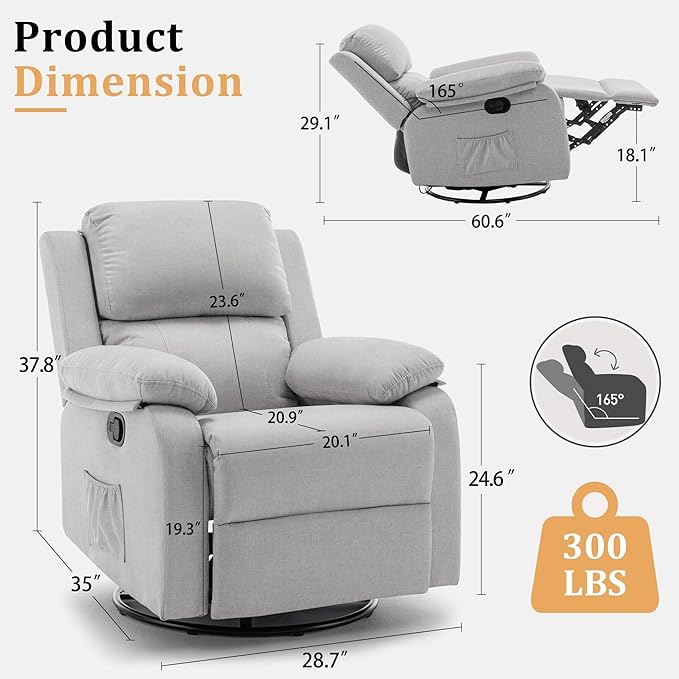 Korser Recliner Chair, 360 Swivel Rocker Chair