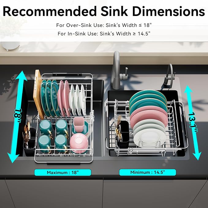 Urackify Expandable Stainless Steel in Sink Dish Drying Rack, Dish Rack Over Sink, Rustproof Dish Drainer for Kitchen Counter, Dish Strainer with Utensil Holder, Fit Sink for 13"-18", Silver