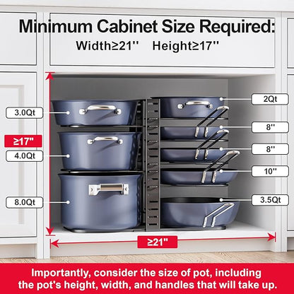 ORDORA Pots and Pans Organizer Under Cabinet 14.55" Height, Adjustable 8-Tier Pot Organizers inside Cabinet, Kitchen Organizers and Storage Fit 6-11 inch Lightweight Cookware