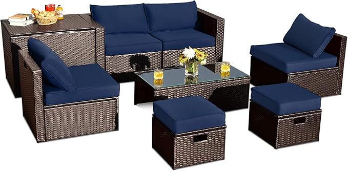Tangkula 8 Piece Patio Furniture Set, Patiojoy Outdoor Space Saving PE Rattan