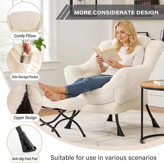 MBOOYOME Lazy Chair with Ottoman, Modern Accent Lounge Armchair with Side
