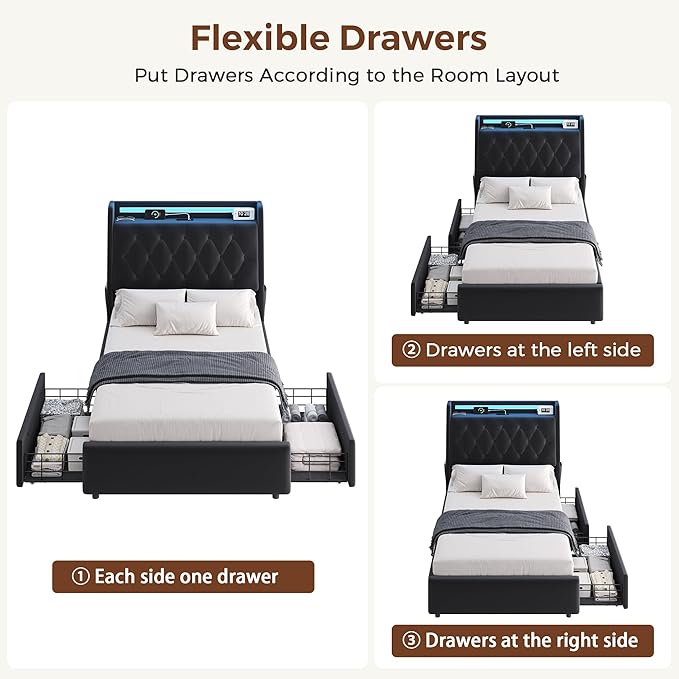 Twin LED Velvet Bed Frame with 2 Storage Drawers&Hidden Headboard, Upholstered