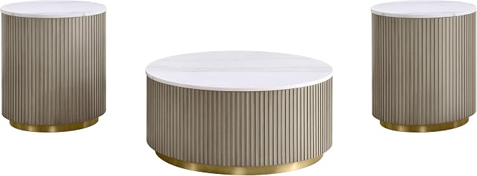 Coaster Home Furnishings - Jason - Wood and Metal - 3-Piece Coffee Table Set with Marble Tops, Reeded Drum Bases, and Gold Ring Accents - Living Room - Greige and White Marble - 711418-S3