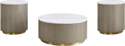 Coaster Home Furnishings - Jason - Wood and Metal - 3-Piece Coffee Table Set with Marble Tops, Reeded Drum Bases, and Gold Ring Accents - Living Room - Greige and White Marble - 711418-S3