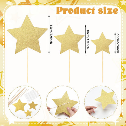 42 Pcs Gold Star Centerpieces Sticks Twinkle Glitter Star Table Flower Centerpiece Sticks Golden Cake Toppers for Graduation Back to School Wedding Engagement Bridal Baby Shower Party Decorations