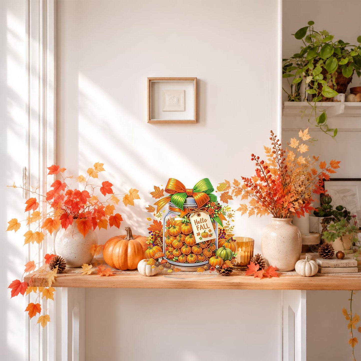 Eiflow Desktop Diamond Art Table Top Kit for Adults Fall Pumpkins, DIY Tabletop Diamond Art Painting with Stand, Acrylic Stand Up Gem Painting Board Kit (Happy Fall)