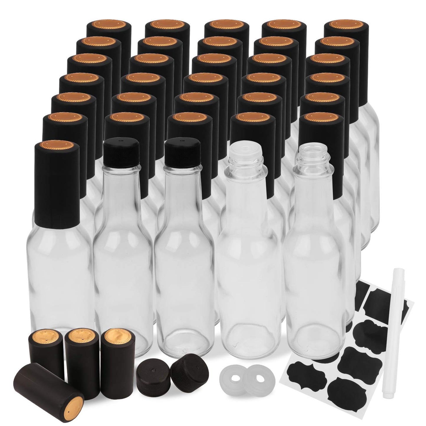Encheng 35 Pack 5oz Hot Sauce Bottles with Lids,Glass Woozy Bottles with Dripper Inserts and Shrink Capsules,Small Glass Wine Bottle for Homemade Sauces,Oils,Vanilla Extracts,Dressings,Gifting