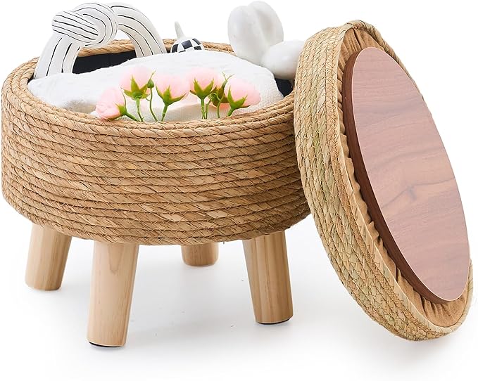 Cpintltr Storage Ottoman Poufs Handwoven Footstool Natural Seagrass Round