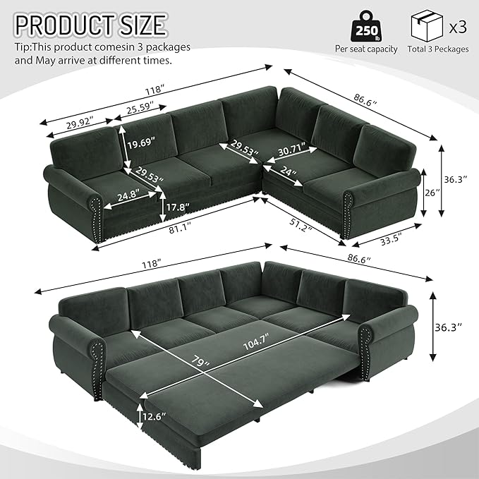 118" L-Shaped Sleeper Couch Bed