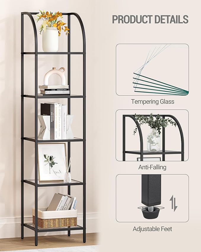 Hzuaneri Bookcase Bookshelf, Tempered Glass Arched Bookshelf