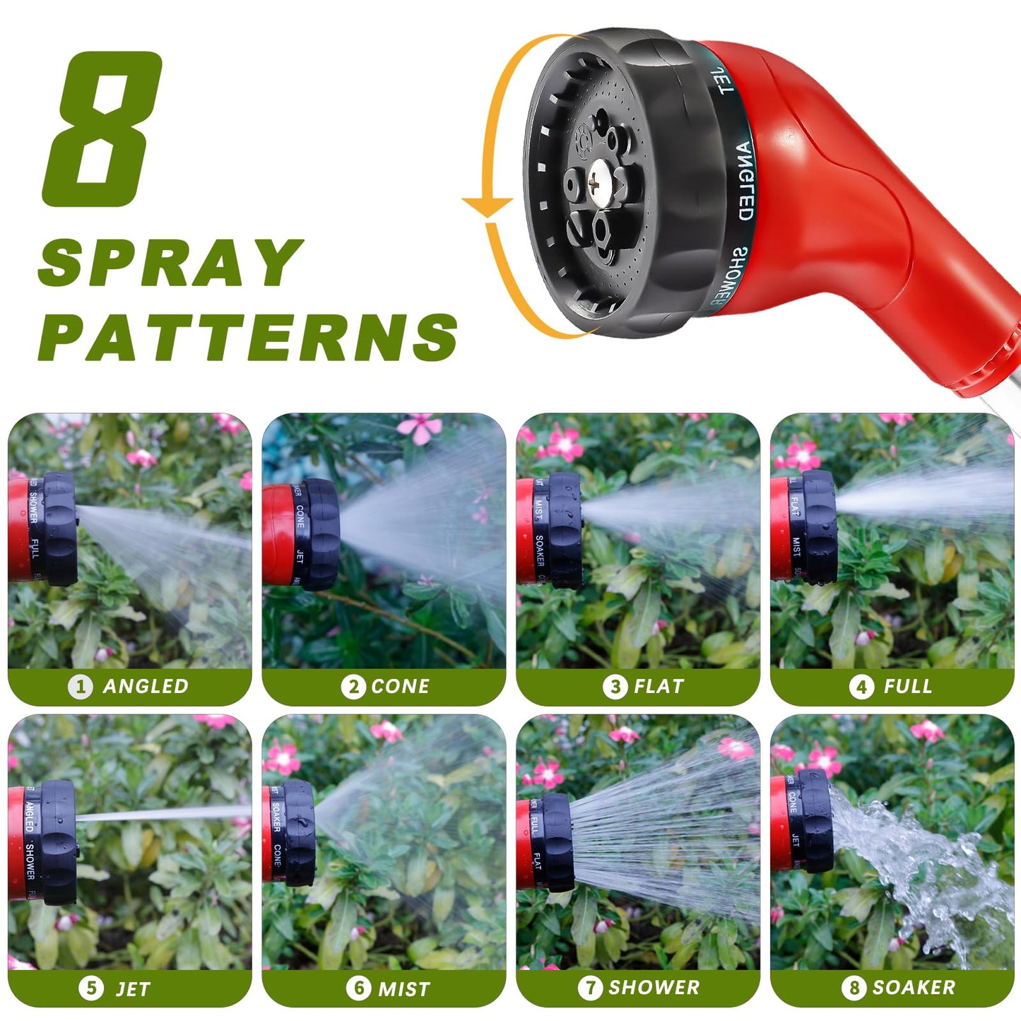 GREEN MOUNT Watering Wand, Heavy Duty Garden Hose Wand with 8 Spray Patterns, 16-Inch Hose Sprayer Nozzle with Flow Control, Ideal for Lawn and Garden Use, Red