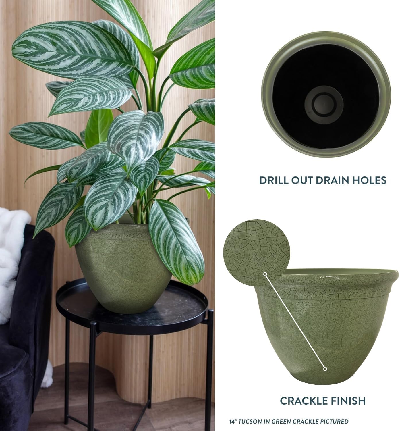 The HC Companies 20 Inch Tucson Round Planter Pots with Ceramic Look, Lightweight UV-Resistant Resin Indoor & Outdoor Planters, 1-Pack Flower Pots for Garden & Home Decor, Green Crackle