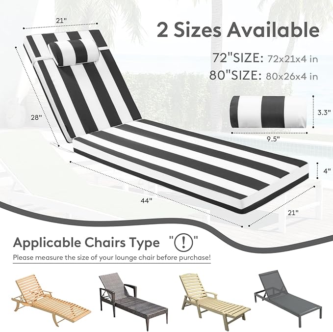 Chaise Lounge Cushion for Outdoor Furniture, Waterproof, Fade-Resistant and