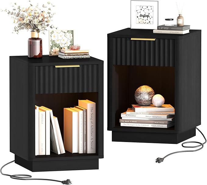 Akxomel Fluted Nightstands Set of 2, Wooden Night Stand
