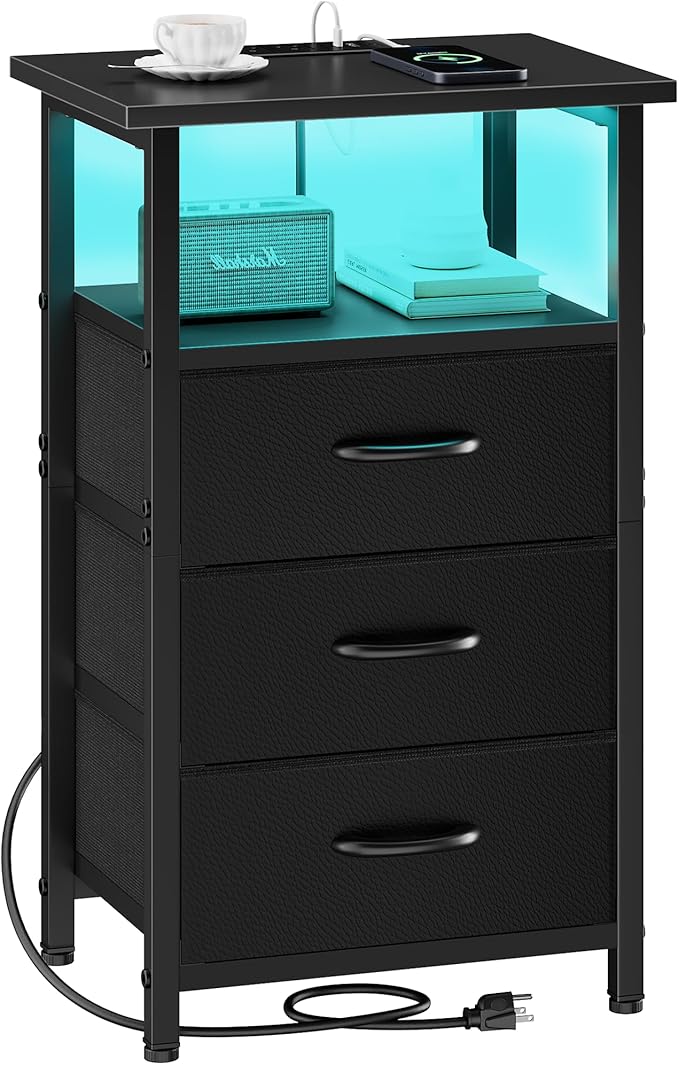 Vagusicc Night Stand with Charging Station, LED Nightstand