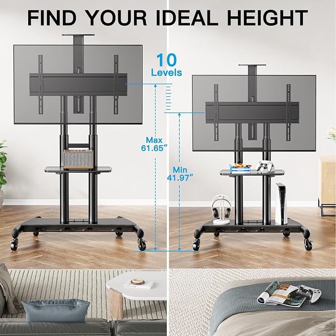 PERLESMITH Mobile TV Stand for 55-90 Inch Flat/Curved Screen TV Max VESA