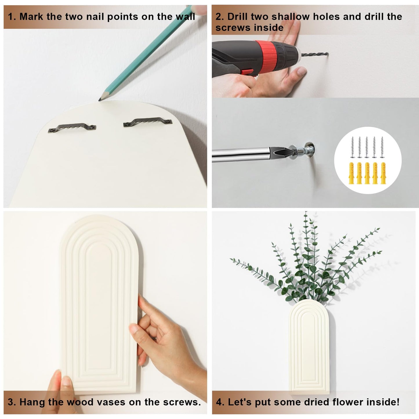 Wooden Wall Art Decor: Wall Vases for Indoor Artificial Plants & Flowers, Wood Wall Hanging Planters for Home Decor - Bathroom, Living Room, Bedroom, Patio (White)