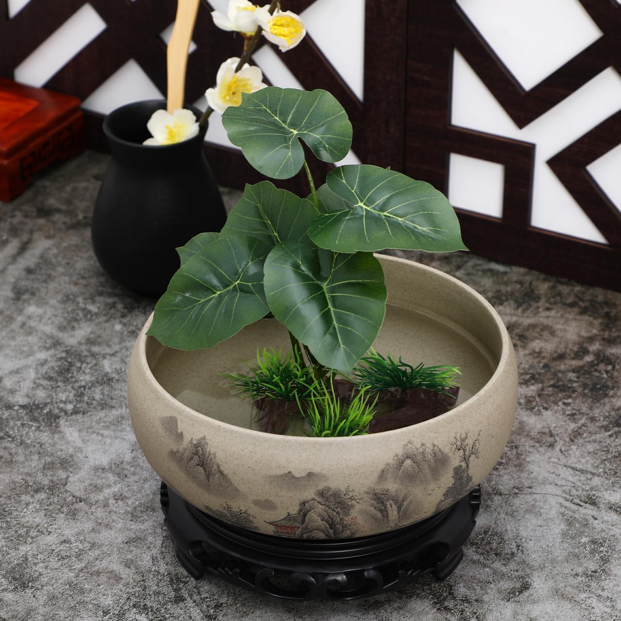 DOITOOL Blue and White Porcelain Planter with Ceramic Base 6.69In Lotus Flower Pot Indoor Hydroponic Bonsai Decorative Plant Container for Home Garden Office